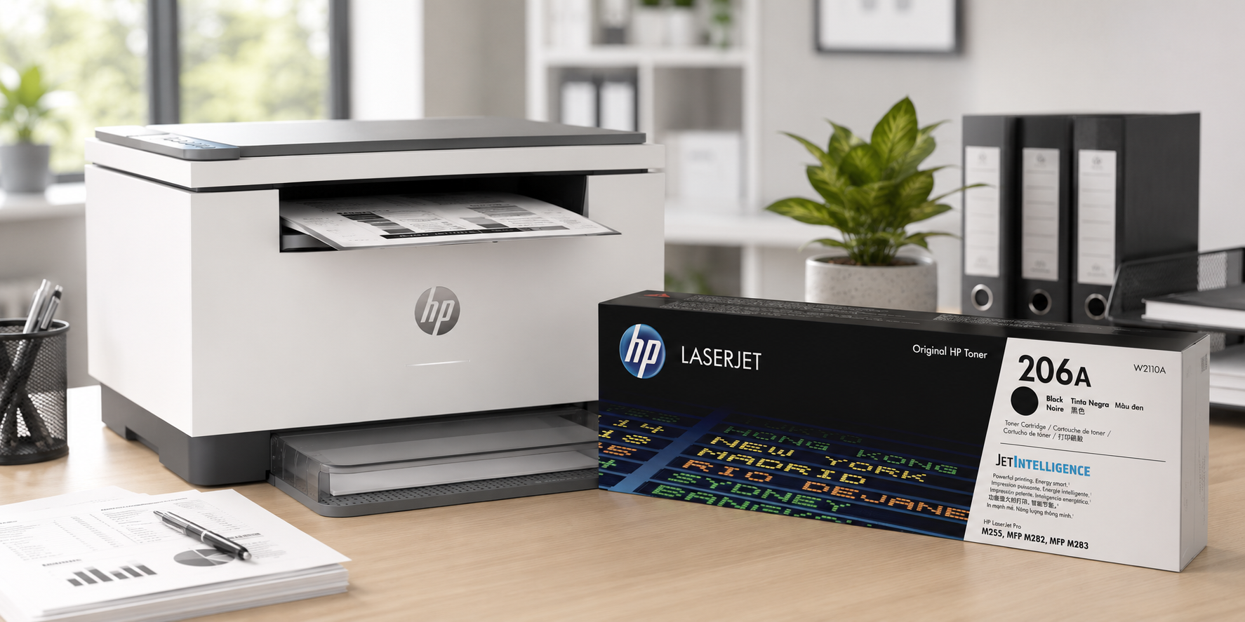 HP toner cartridge beside a laser printer in a bright modern office workspace for reliable everyday document printing.