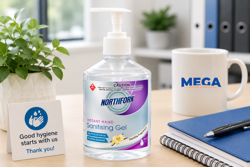 Northfork hand sanitising gel displayed on a bright office desk beside a hygiene sign, notebook and Mega Office Supplies mug.