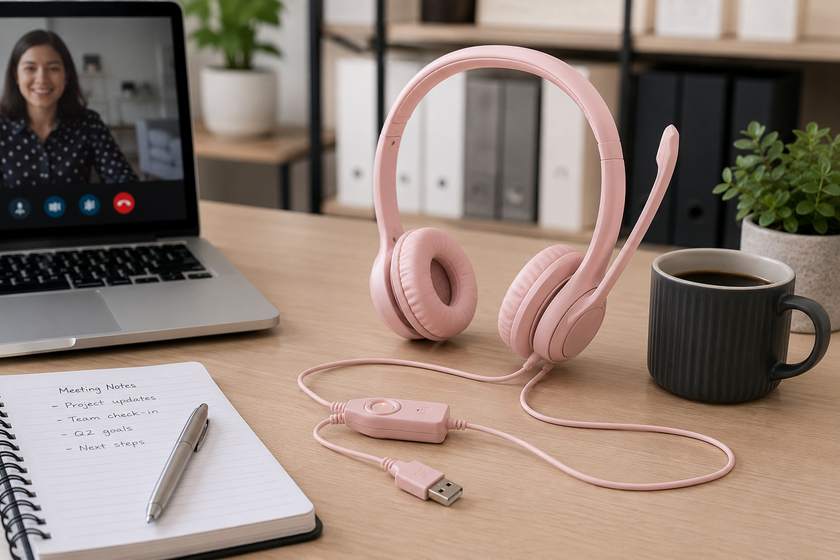 Office headset with boom microphone on a clean desk with laptop video call, notebook, pen and coffee nearby.