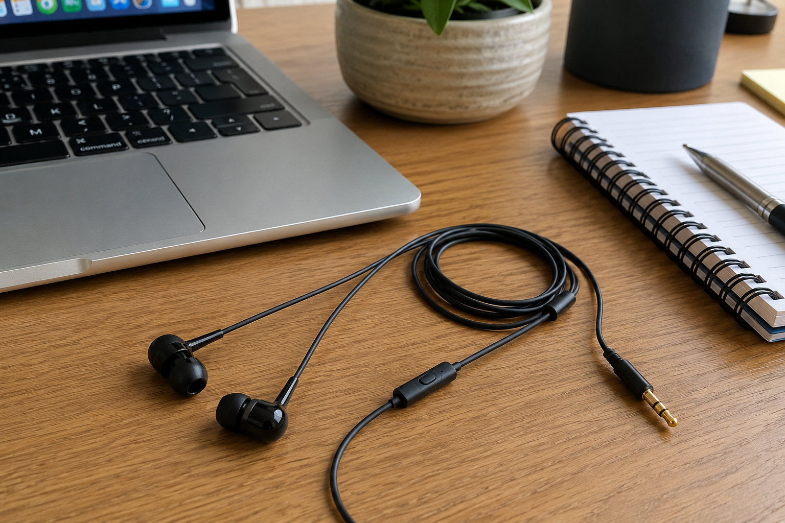 In-ear wired earphones on a clean office desk with laptop, notebook, pen and study accessories nearby.