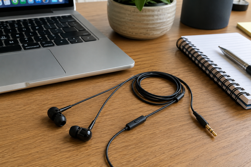 In-ear wired earphones on a clean office desk with laptop, notebook, pen and study accessories nearby.