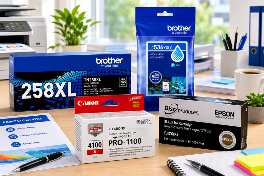 Ink and toner cartridges displayed on a bright office desk with printer, stationery and workplace printing supplies.