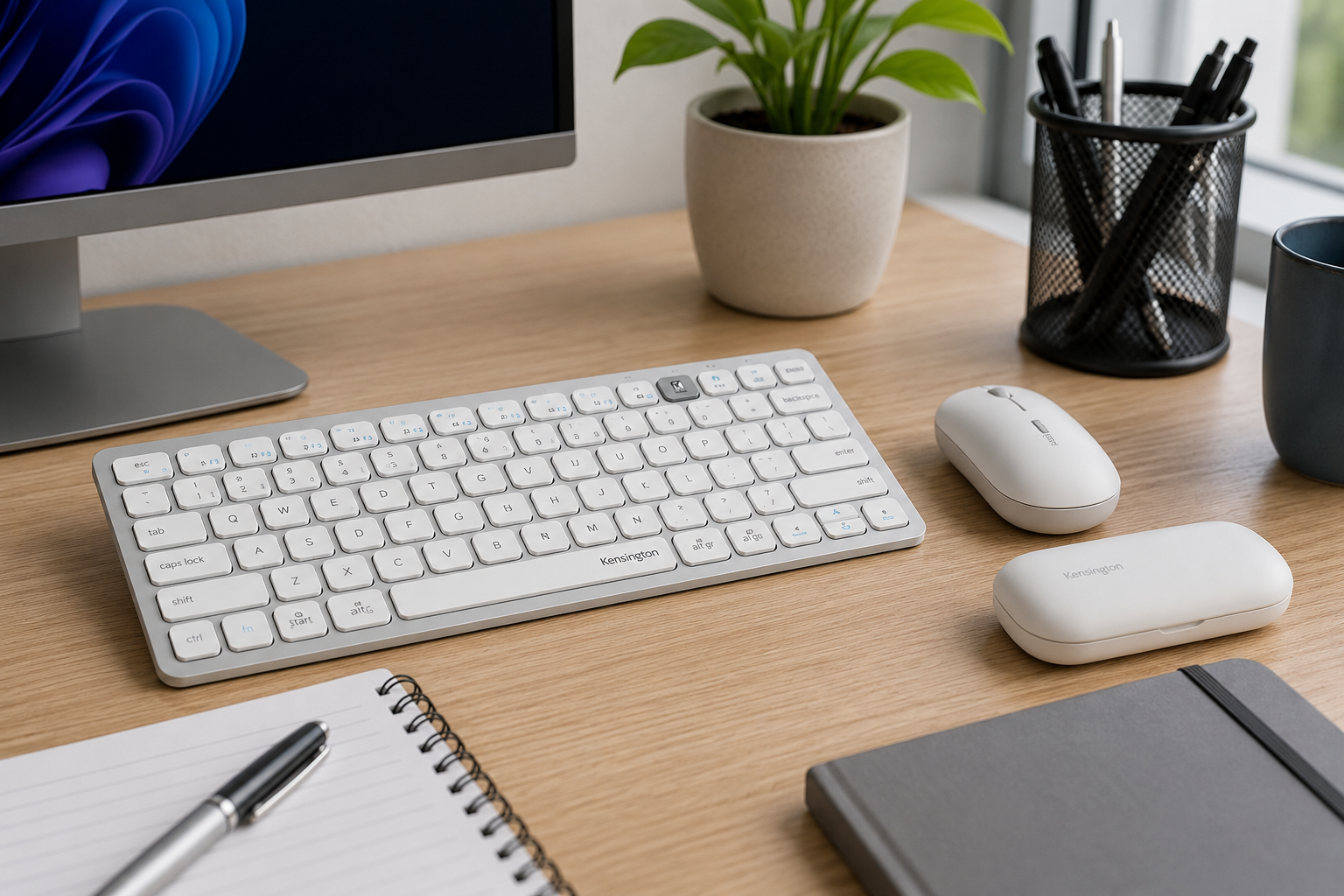 Wireless keyboard and mouse arranged on a clean office workstation with monitor, notebook, pen and desk accessories nearby.