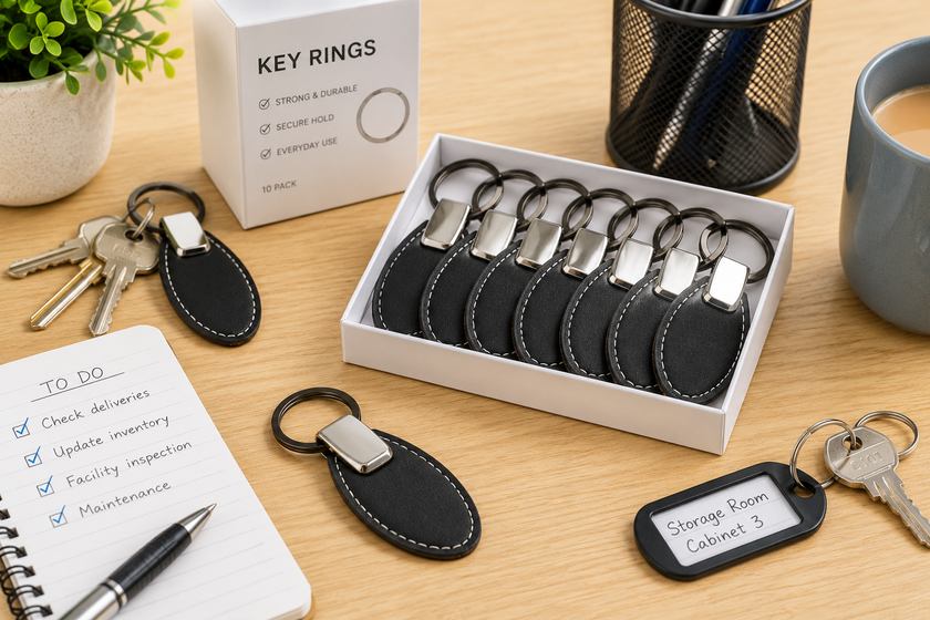 Key rings arranged on a bright office desk with labelled keys, notebook and workplace organisation accessories.