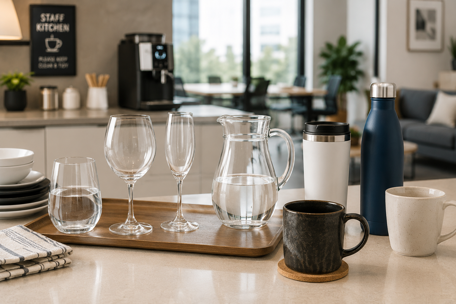 Drinkware arranged on an office kitchen bench with glasses, mugs, water bottle, pitcher and shared kitchen appliances nearby.