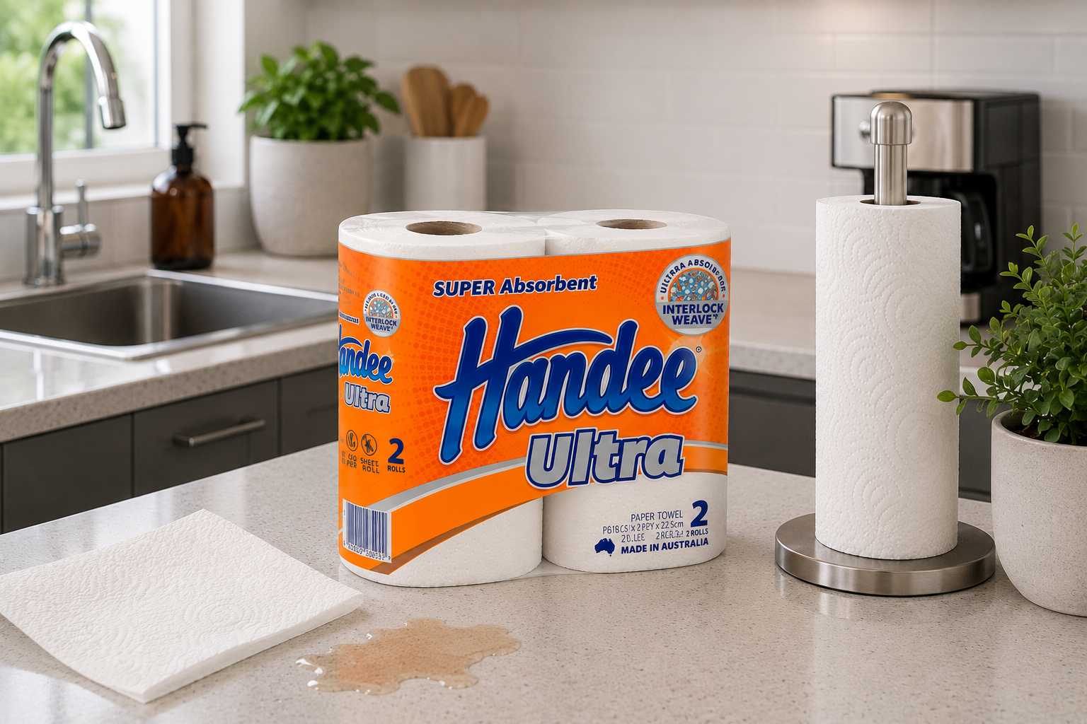 Kitchen paper towels on a clean office kitchenette bench with a sink, paper towel holder and small spill nearby.