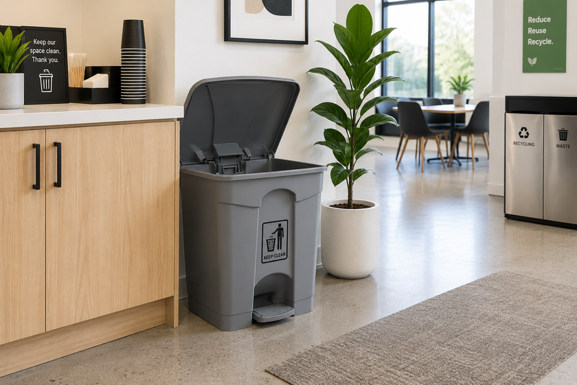 Grey rubbish bin in a bright modern office kitchen area for clean and organised workplace waste disposal.