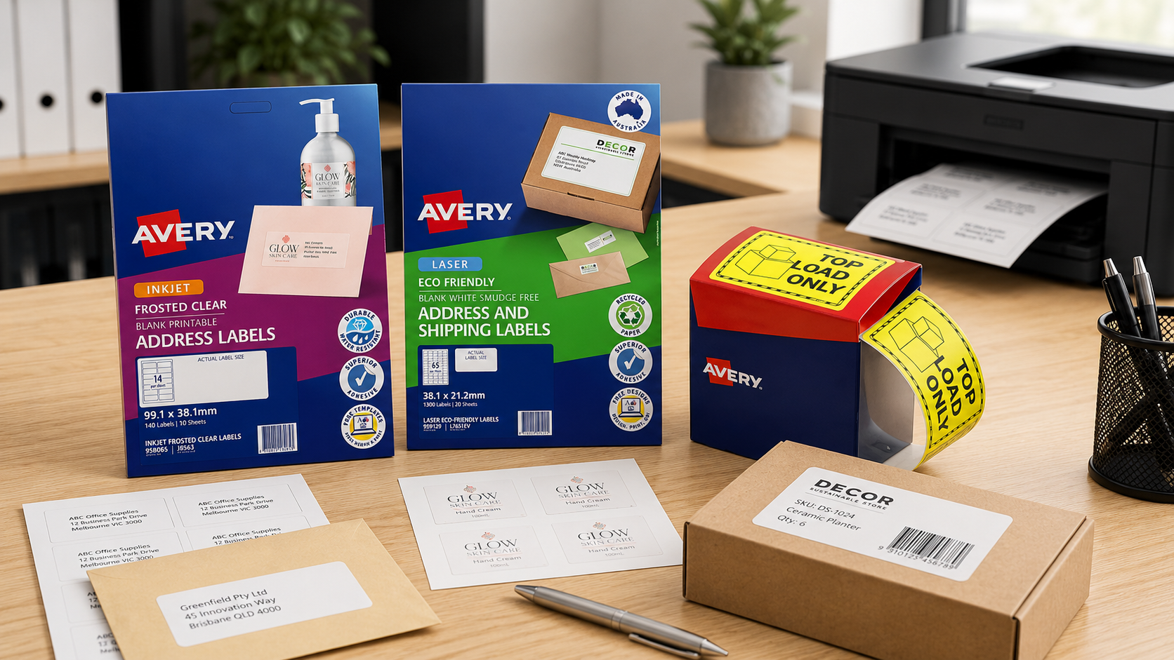 Label supplies arranged on a modern office desk with address labels, shipping labels, handling labels, envelopes and parcels for mailing and organisation.