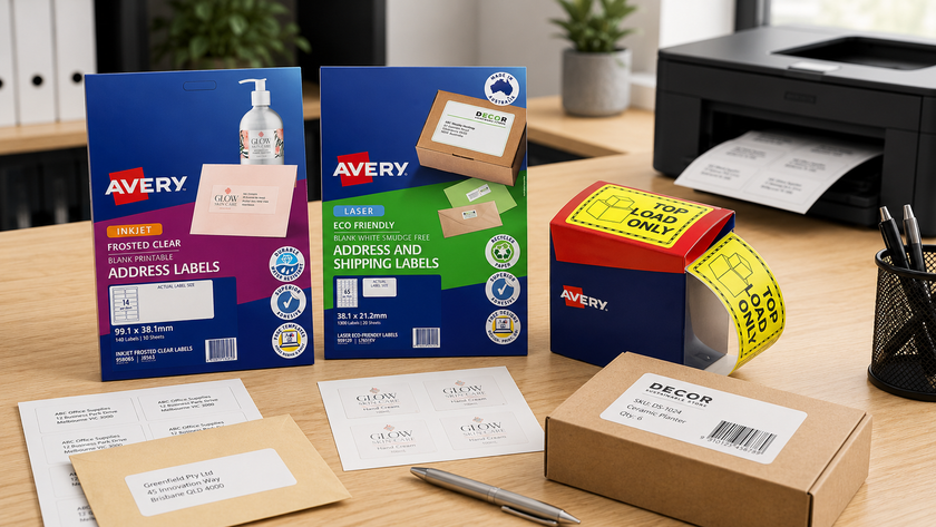 Label supplies arranged on a modern office desk with address labels, shipping labels, handling labels, envelopes and parcels for mailing and organisation.