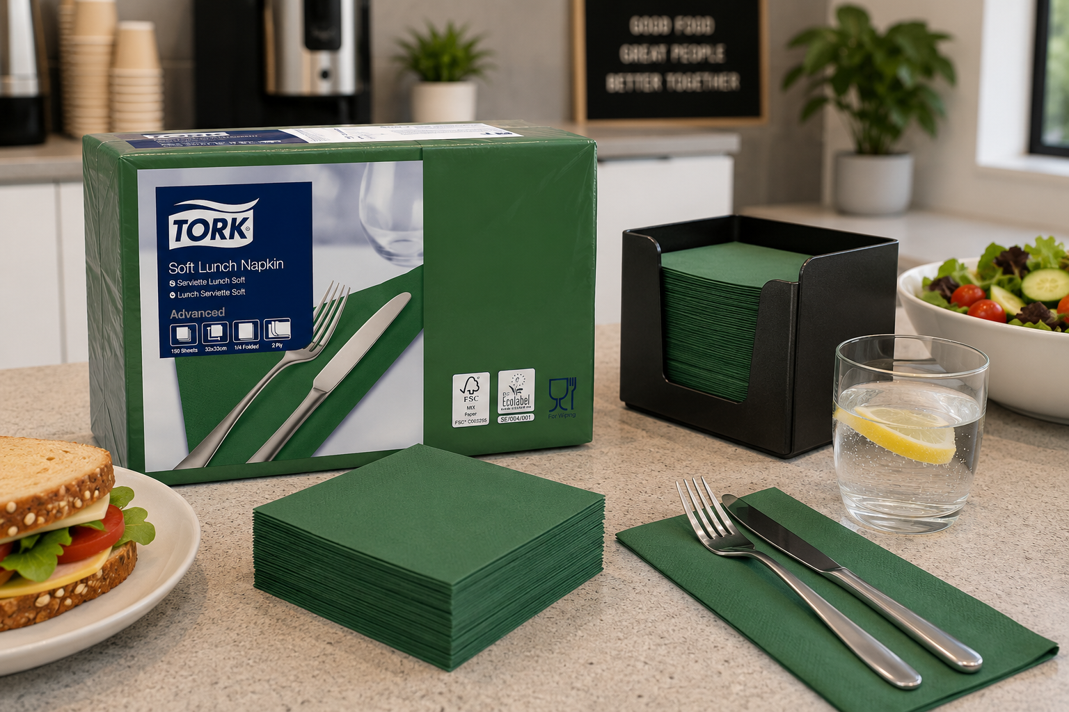 Green lunch paper napkins arranged in an office catering area with a boxed napkin pack, napkin holder, cutlery and lunch refreshments nearby.