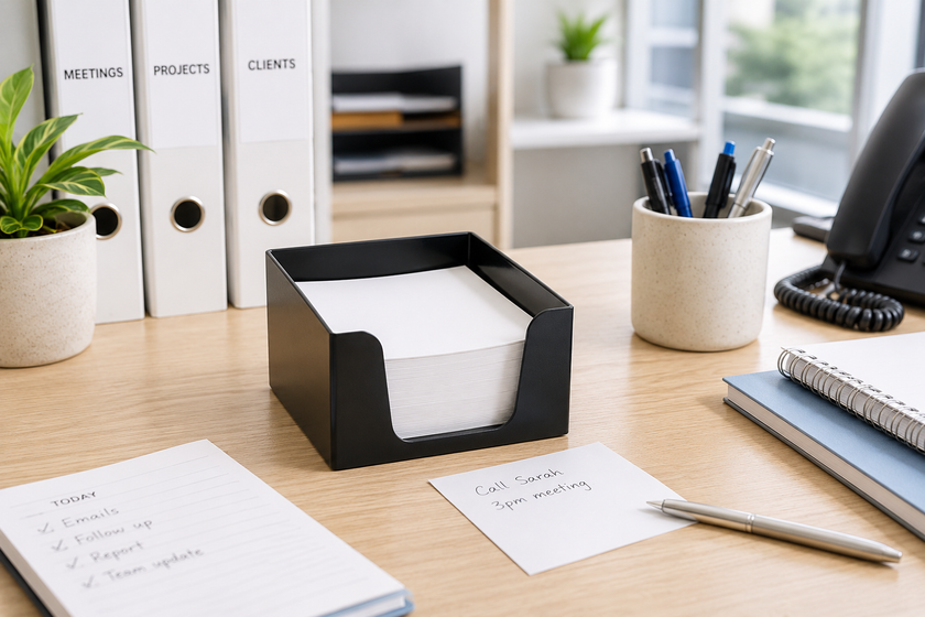 Office memo cube arranged on a bright office desk with note paper, reminder notes, stationery and organised filing supplies.