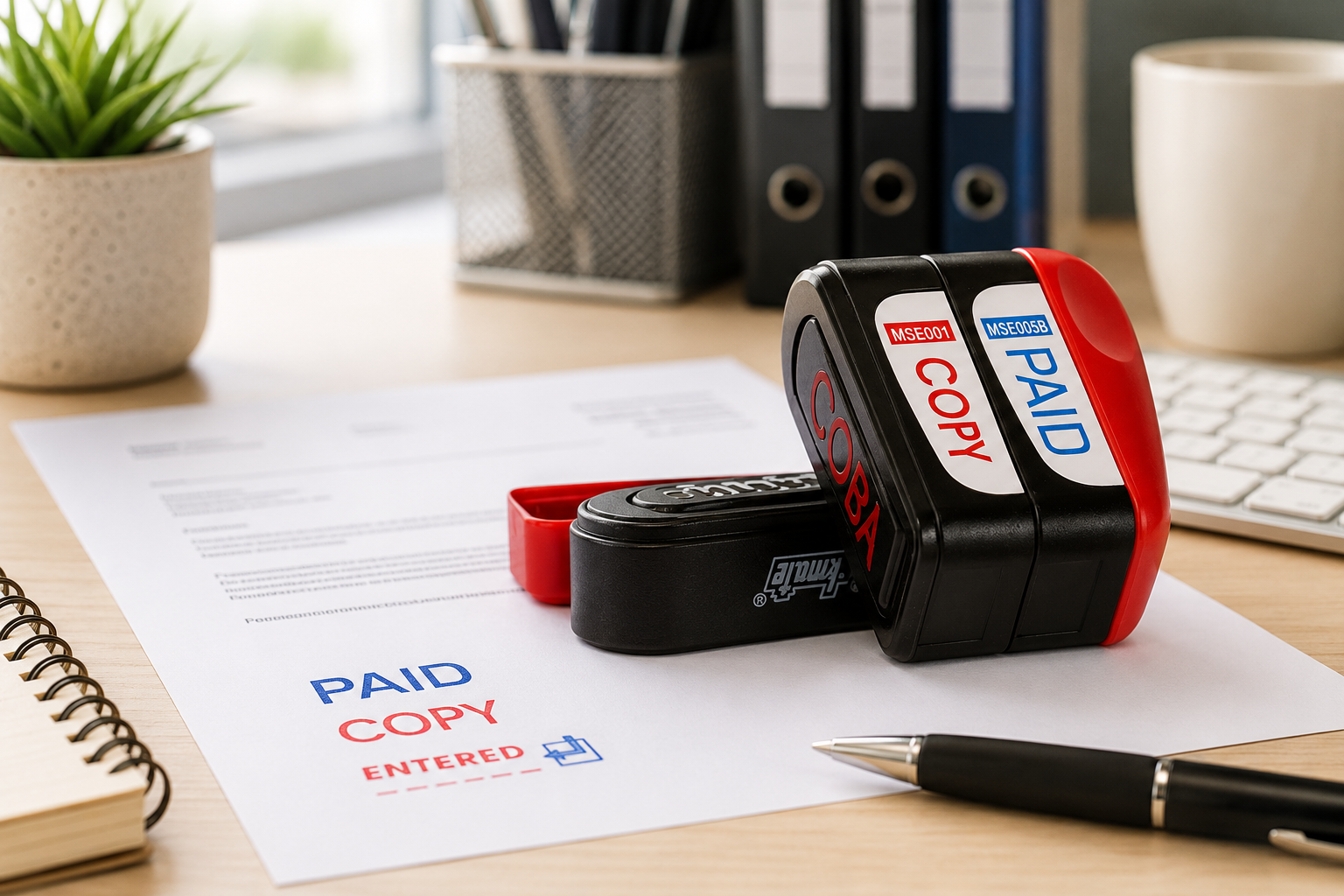 Paid, copy and entered message stamps arranged on documents in a bright, professional office workspace.
