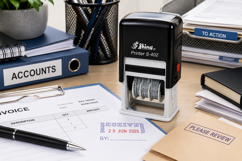 Message stamp used on an office desk with invoices, review paperwork and folders for clear document processing and administration.