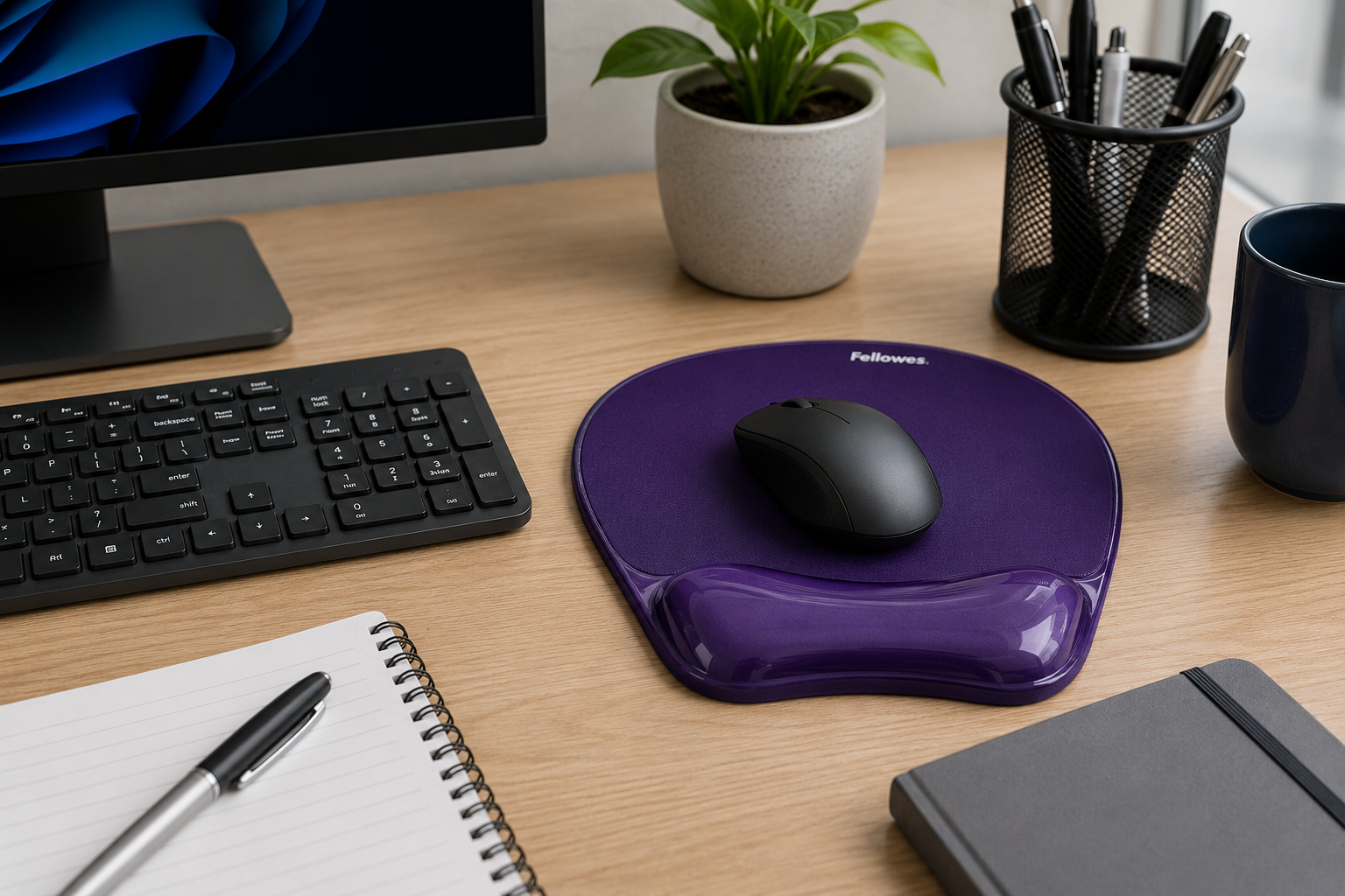 Ergonomic mouse pad on a clean office workstation with mouse, keyboard, monitor, notebook and desk accessories nearby.