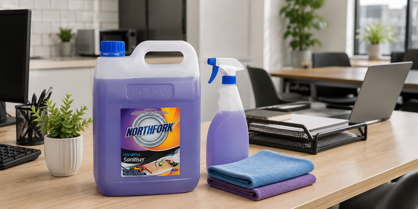 Multi surface cleaner with spray bottle and cloths on a clean office desk for everyday workplace surface cleaning.