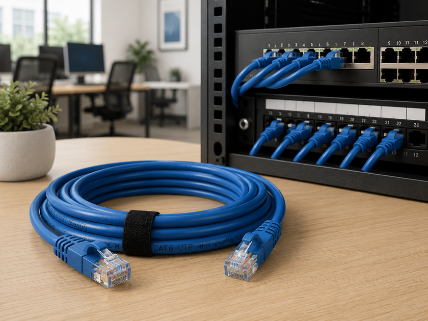 Blue network cable with RJ45 connectors on an office IT desk beside a patch panel and network switch.
