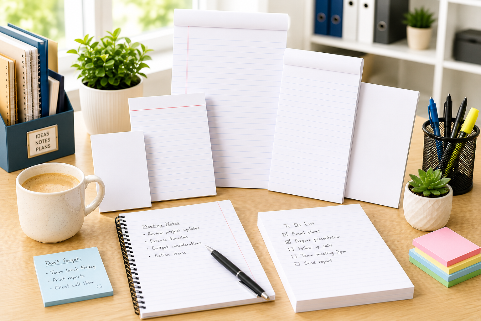 Office notepads arranged on a bright desk with meeting notes, to do lists, sticky notes, plants and stationery for everyday workplace writing.