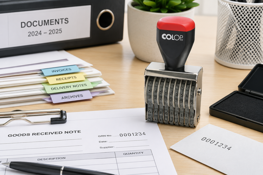 Numbering stamp used on an office desk with invoices, receipts and document control folders for organised record tracking.