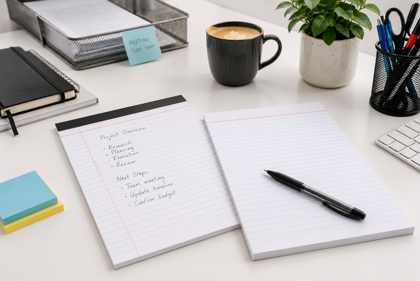 Ruled office pads with handwritten notes and a pen on a bright modern office desk.
