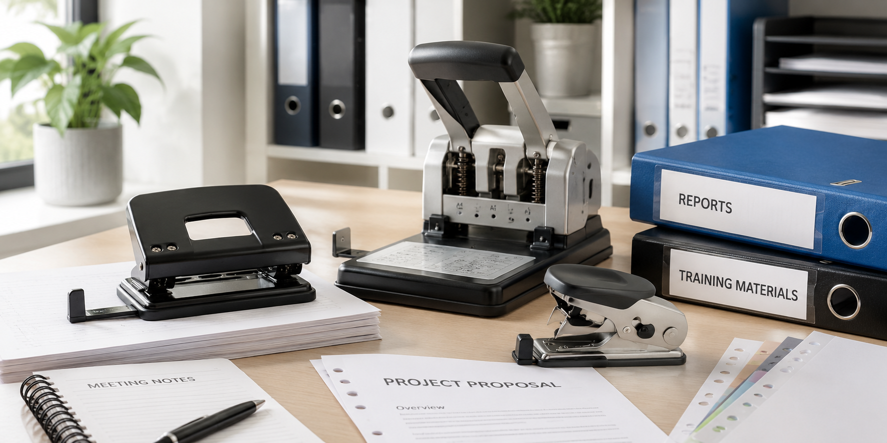 Paper punches on a modern office desk with documents, binders and filing materials for organised document preparation.