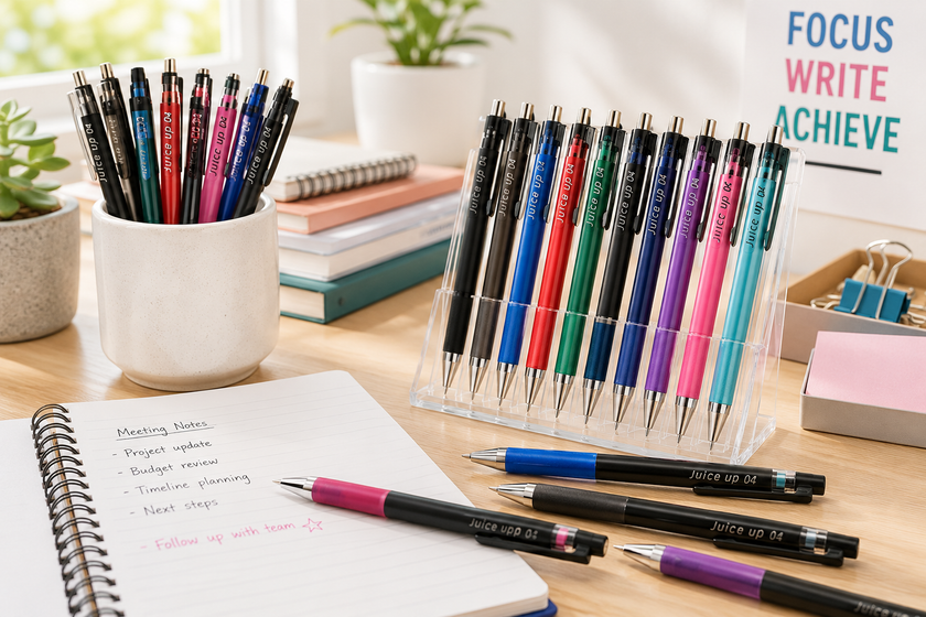 Pens arranged on a bright office desk with notebooks and stationery for everyday writing, planning and note taking.