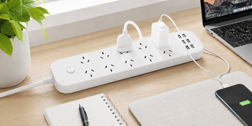 White powerboard charging station on an office desk with laptop, phone, notebook and connected charging cables.