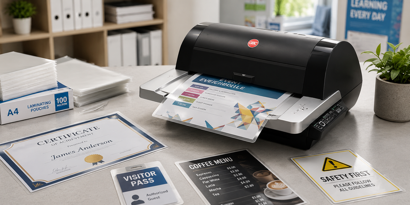 Black office laminator in a clean print room laminating documents with pouches, certificates and workplace notices nearby.