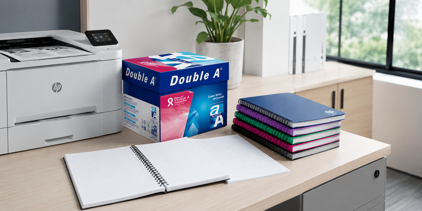Office paper products arranged at a print station with copy paper, notebooks and printer.