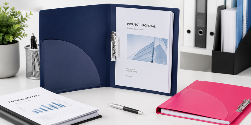 Open 2 ring punchless binder on a modern office desk with organised reports, documents and stationery for clean document storage.