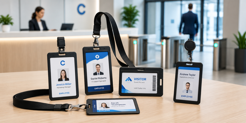 ID card holders displayed on a modern office reception desk for employee identification, visitor access and secure workplace entry.