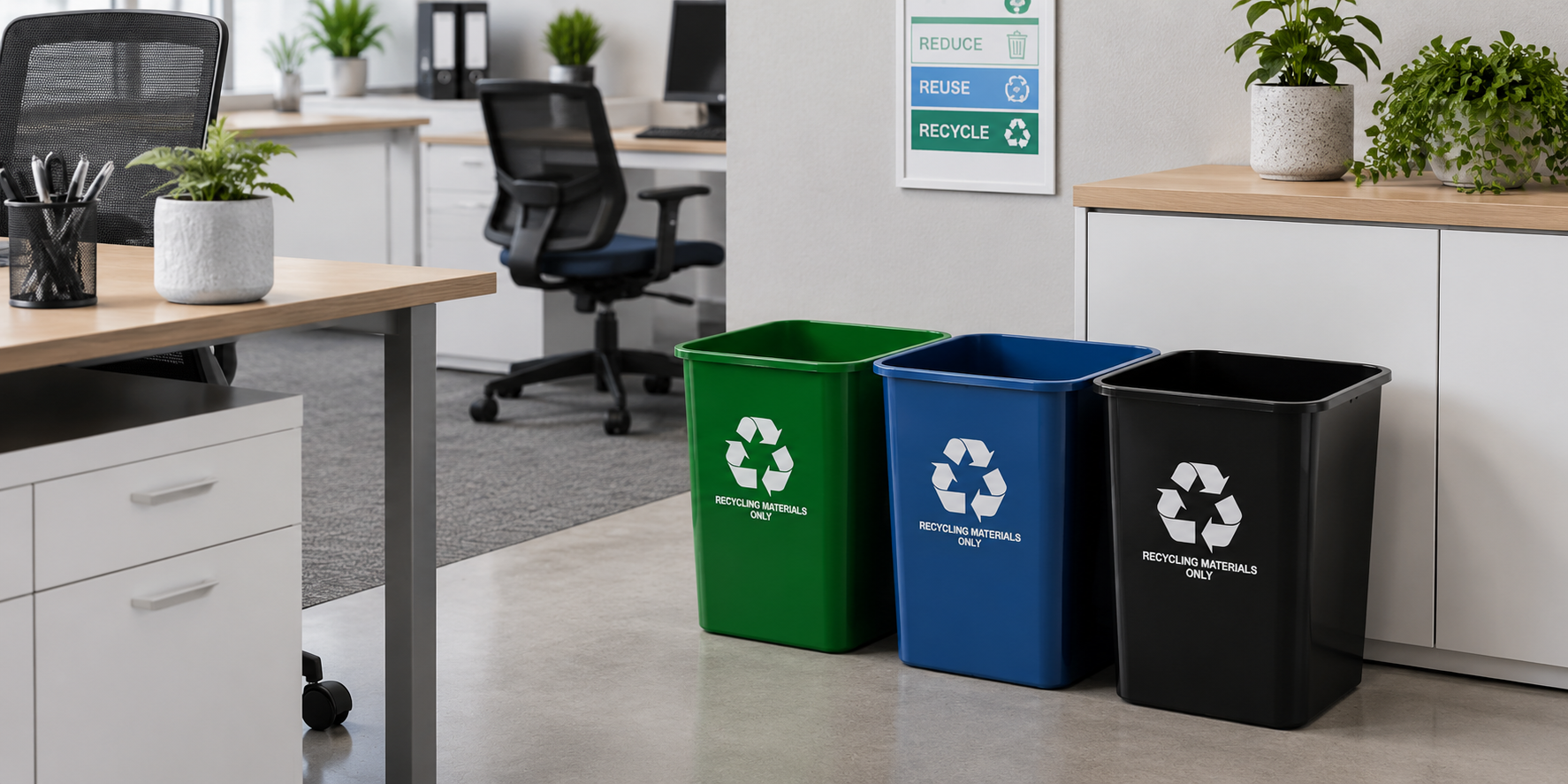 Office recycling bins arranged in a clean modern workspace for organised workplace waste and recycling management.
