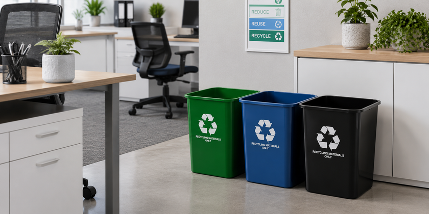 Office recycling bins arranged in a clean modern workspace for organised workplace waste and recycling management.
