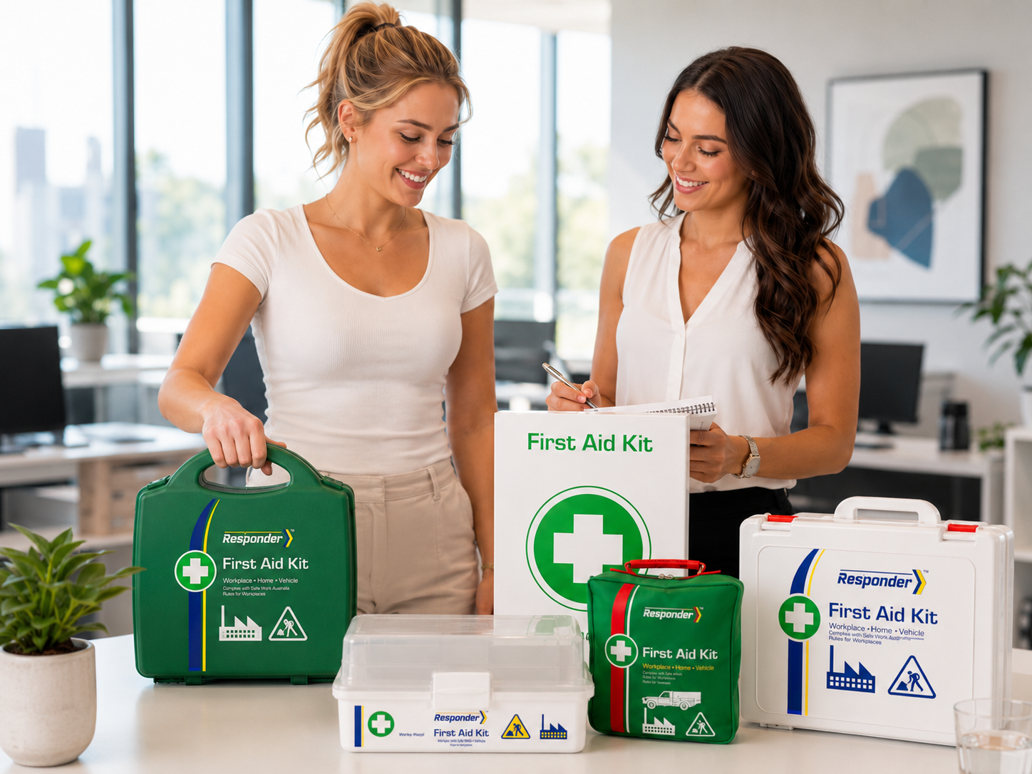 Responder first aid kits displayed during a workplace safety check in a bright modern office.