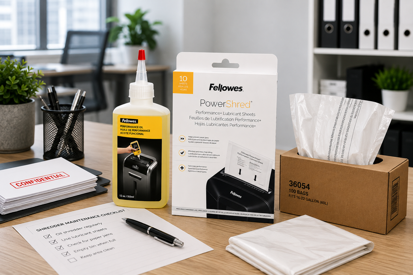 Fellowes shredder oil, lubricant sheets and shredder bags arranged on a modern office desk with confidential documents and a maintenance checklist.