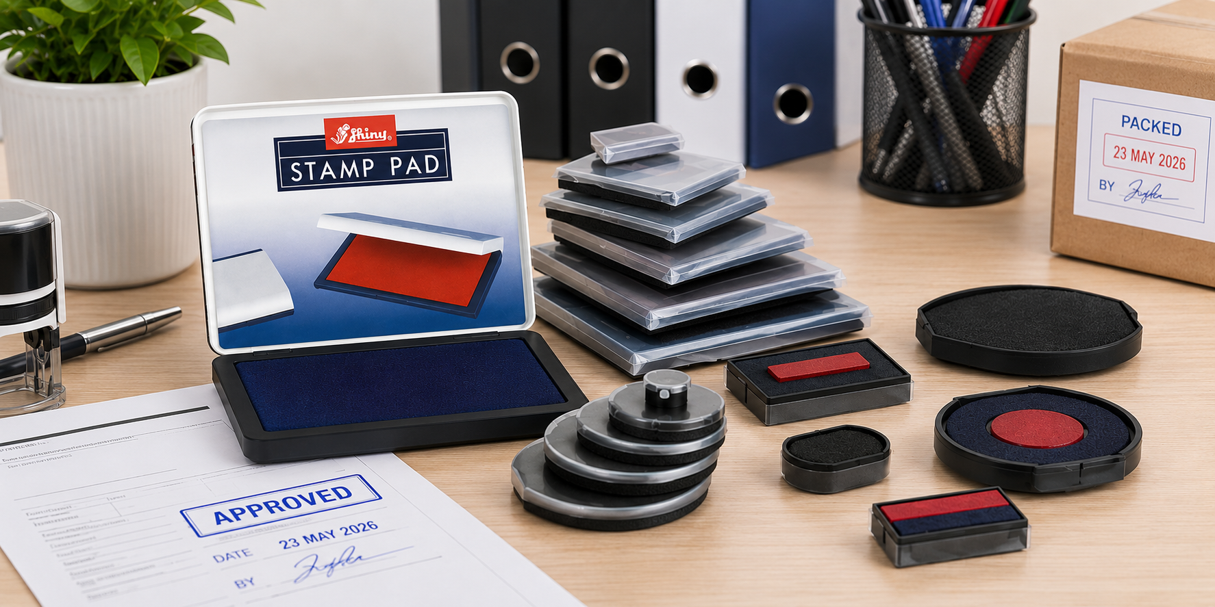 Stamp pads arranged on an office desk with stamped paperwork, filing folders and packaging for clear workplace and classroom marking.