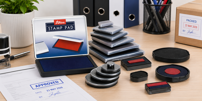 Stamp pads arranged on an office desk with stamped paperwork, filing folders and packaging for clear workplace and classroom marking.