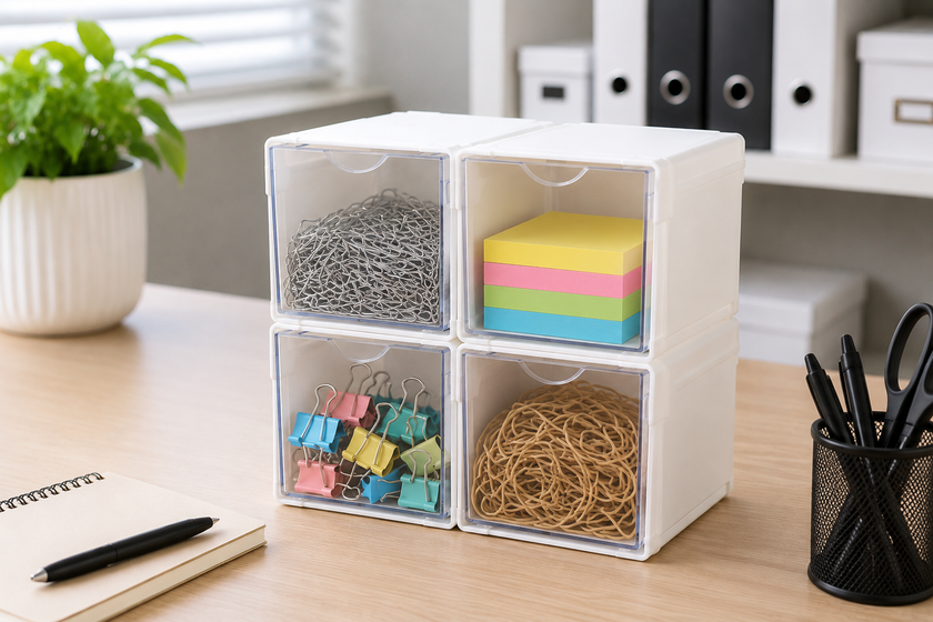 Compact office storage bin filled with paperclips, sticky notes, fold back clips and rubber bands on a tidy desk for organised workspace storage.