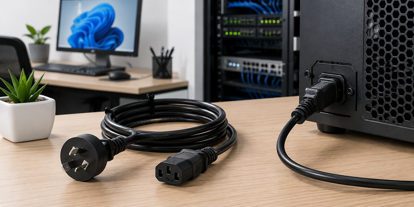 Power cables arranged on a modern office technology desk with computer equipment and server hardware in the background.
