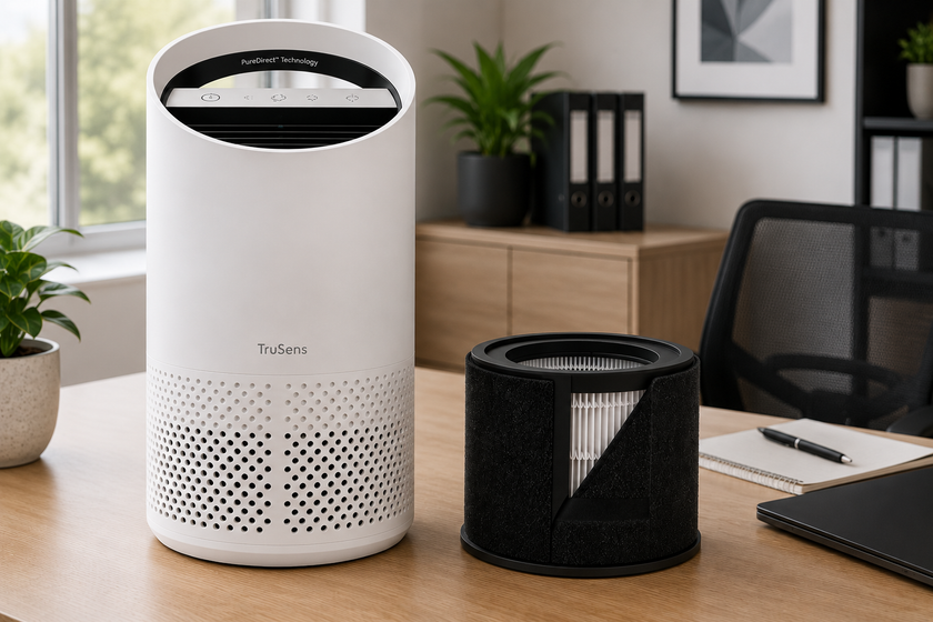 Trusens air purifier with replacement filter on a clean modern office desk with natural light and office accessories.