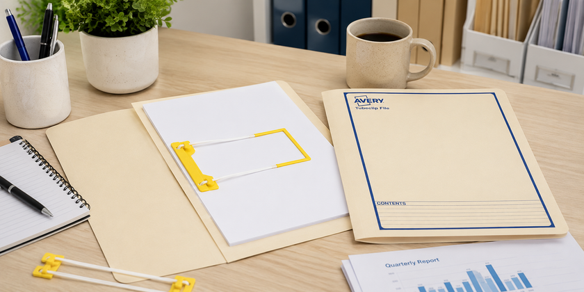 Tubeclip filing system on a tidy office desk with manila files, loose documents and stationery for practical document storage.