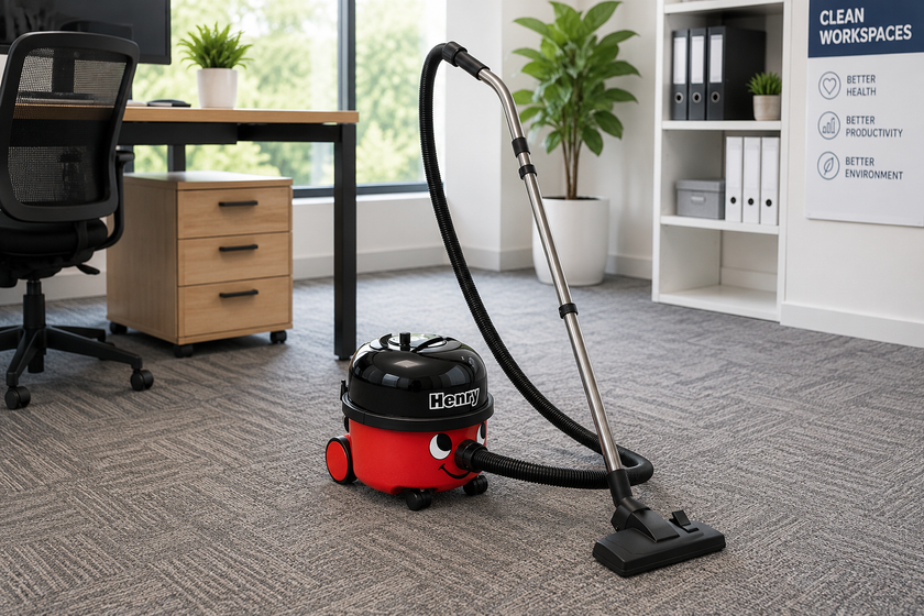 Vacuum cleaner with full hose and floor head arranged in a bright modern office with carpet, desk, storage shelves and plants.