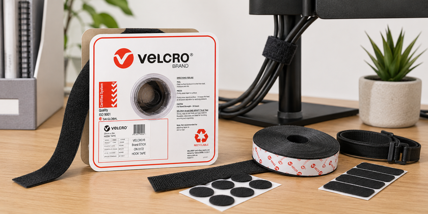 VELCRO Brand adhesive fasteners, hook and loop tape, dots and cable straps arranged on a bright office desk for organising and mounting tasks.