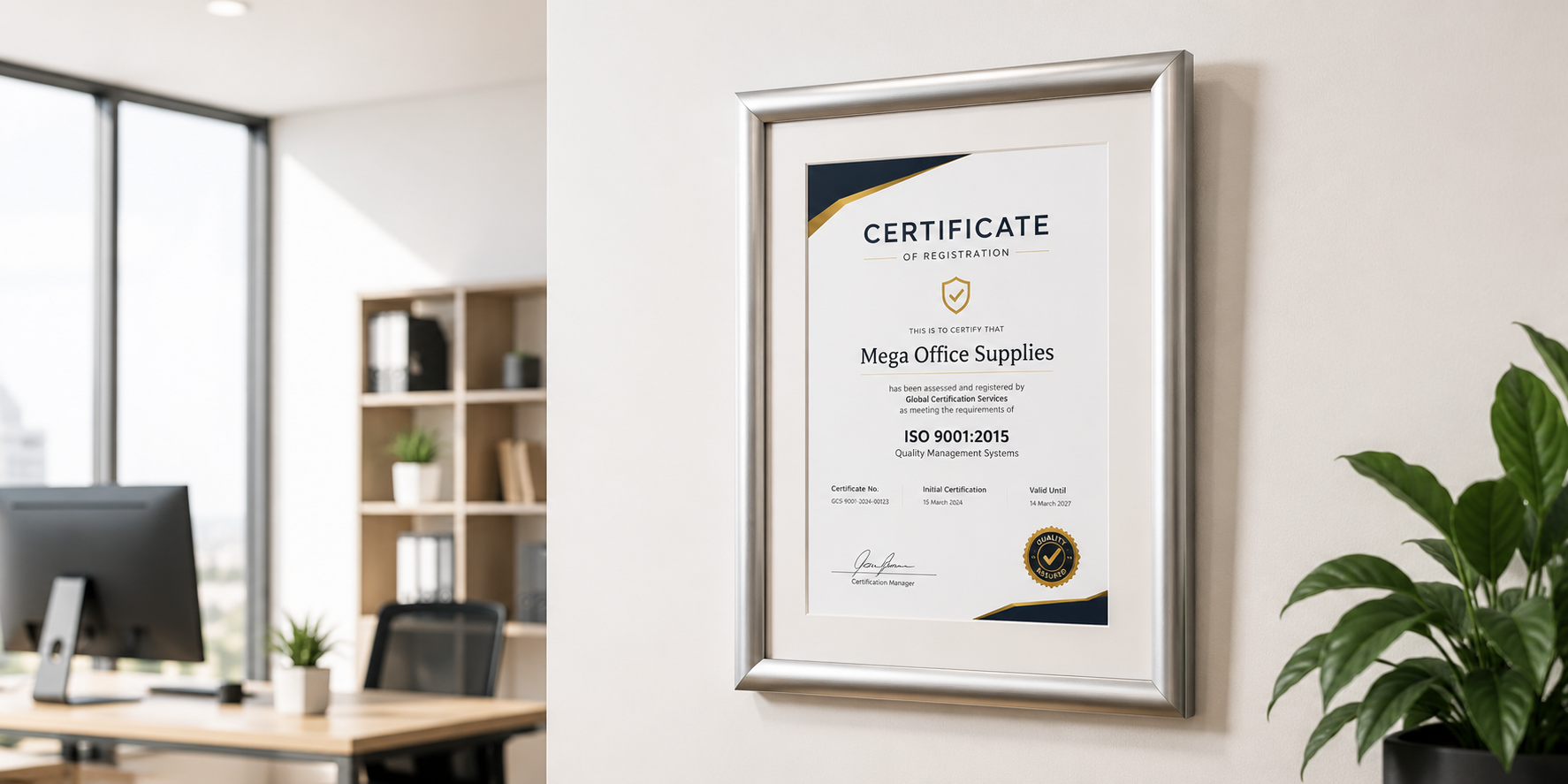 Silver document frame displaying a business certification on a bright modern office wall.