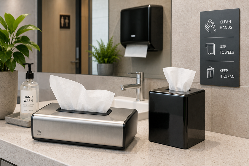 Paper dispensers on a clean office washroom counter with tissues, hand wash, sink and hygiene accessories nearby.