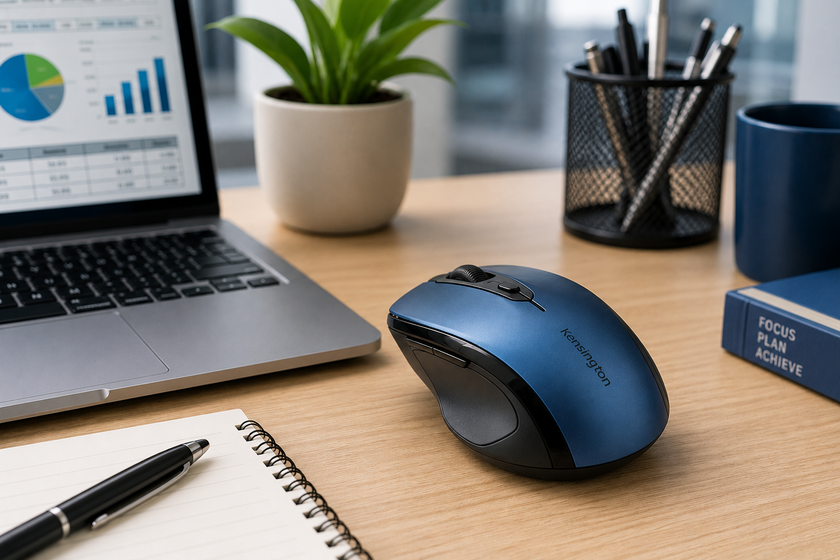 Wireless computer mouse on a clean office workstation with laptop, notebook, pen and desk accessories nearby.