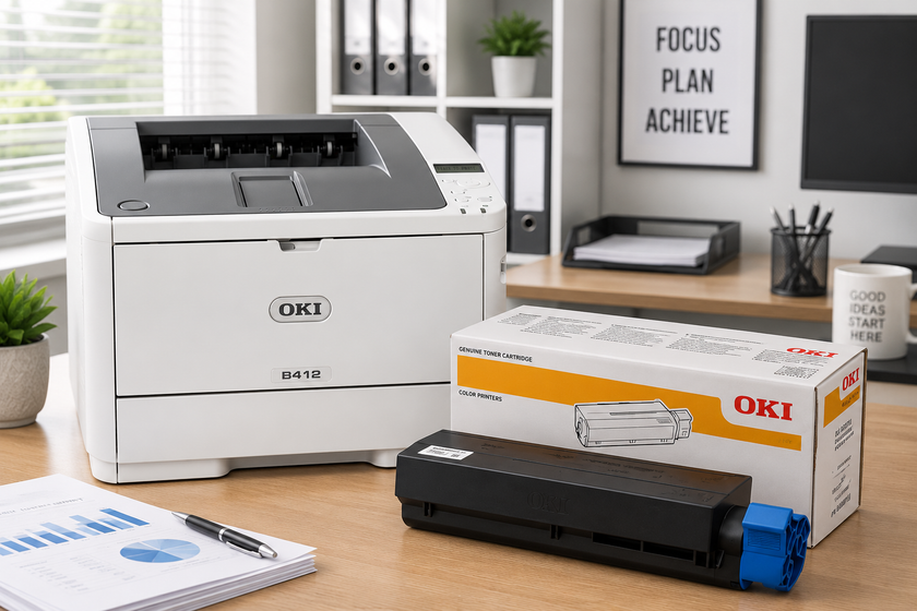 Oki toner cartridge beside an office laser printer in a bright modern workspace for clear, reliable document printing.
