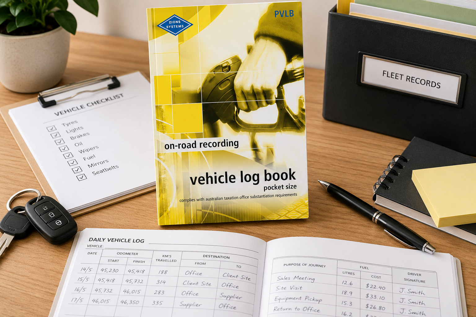 On-road vehicle log book arranged on a tidy office desk with daily vehicle records, car keys, checklist and fleet record folders.