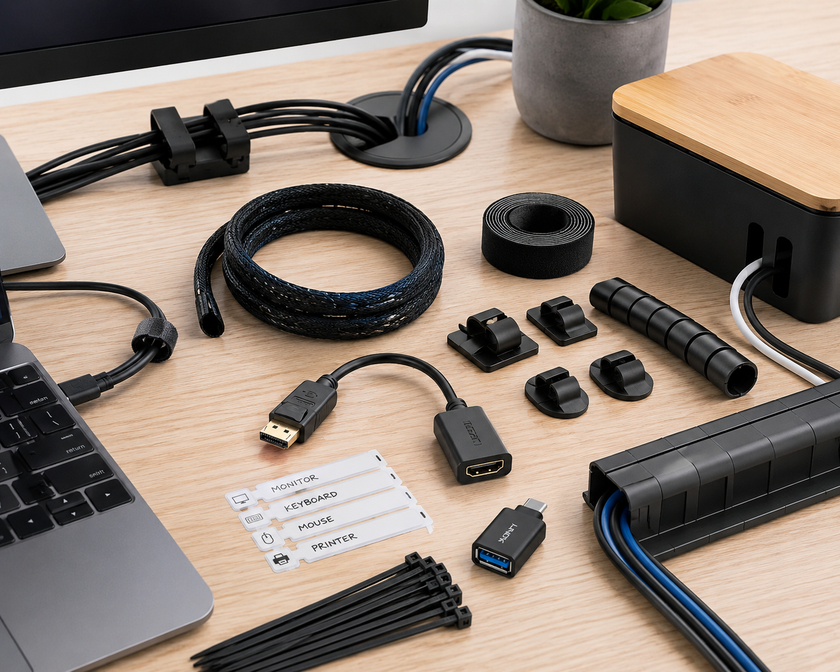 Computer cable accessories arranged on a modern workstation desk with cable ties, clips, sleeves, labels and adapters for tidy connectivity.