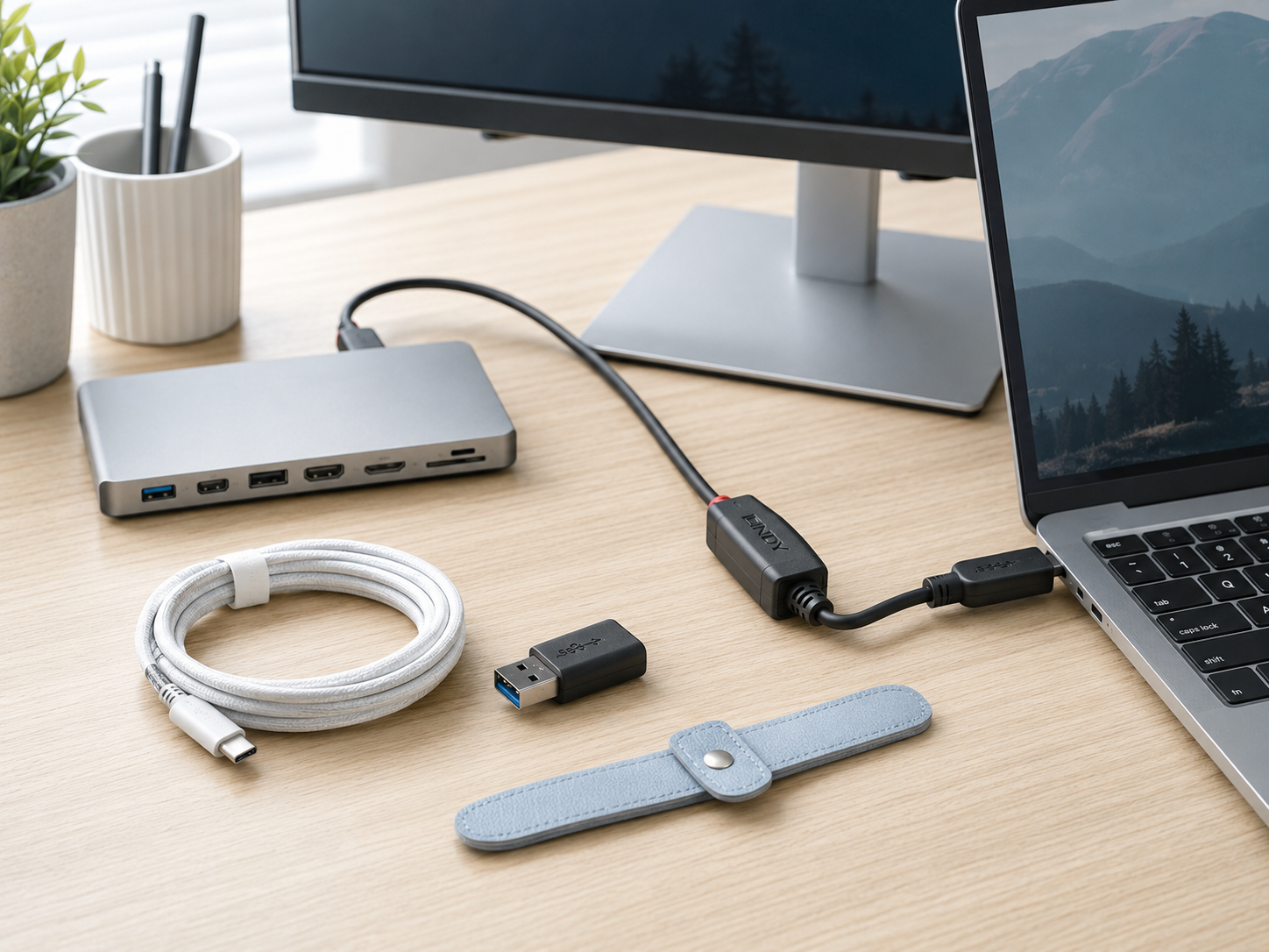Assorted cables and adapters neatly organised on an office IT desk with laptop dock and cable management accessories.
