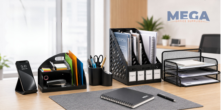 Organised office desk accessories with document trays, pen holders, files and phone stand.